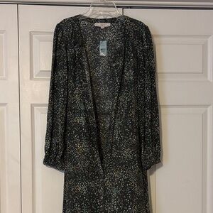 LOFT Black Floral Speckle Long Sleeve Button-Front Dress